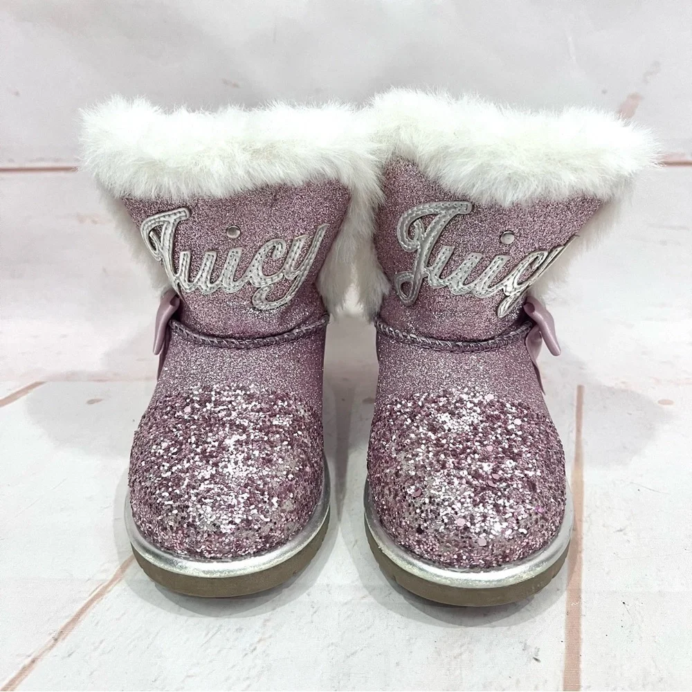Juicy Couture Girls Lil Banning Glitter Rose Pink Faux Fur Lined Winter Boots